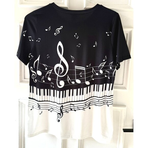 Music Note Piano Keyboard Top Size XL Black White Short Sleeve Stretch Shirt - Picture 6 of 8